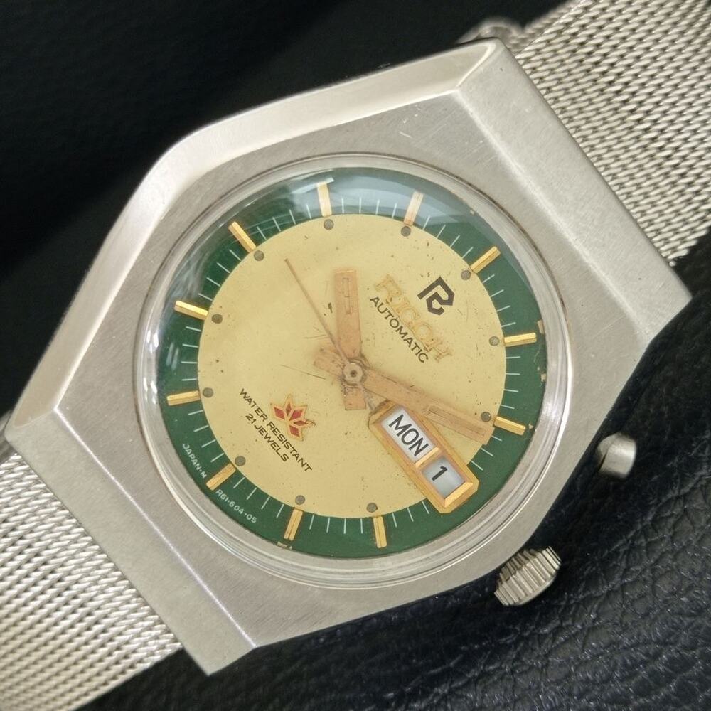 Vintage 1972 Ricoh Automatic Mens Silver Watch W/daydate & Gold accents